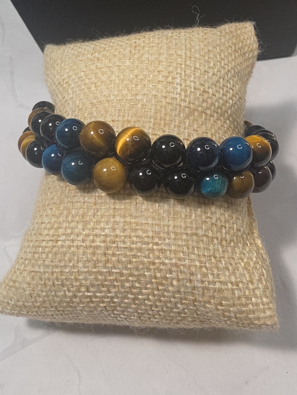 Double-Row Beaded Bracelet - Blue Tigers Eye, Brown Tigers Eye, Black Obsidian